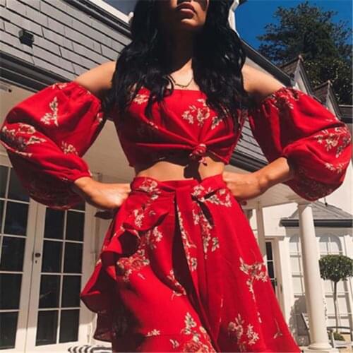 Summer Off Shoulder Floral Printed Crop Tops Women 2pcs Set Mini Skirts Set Sweat Wear Suit Casual Outfits