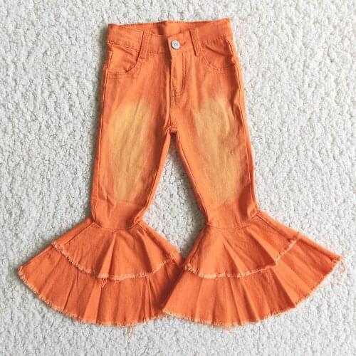 Hot Selling Fashion Kids Orange Color Jeans Girl High Quality Bleached Denim Pants With Elastic Band Children Flare Pants