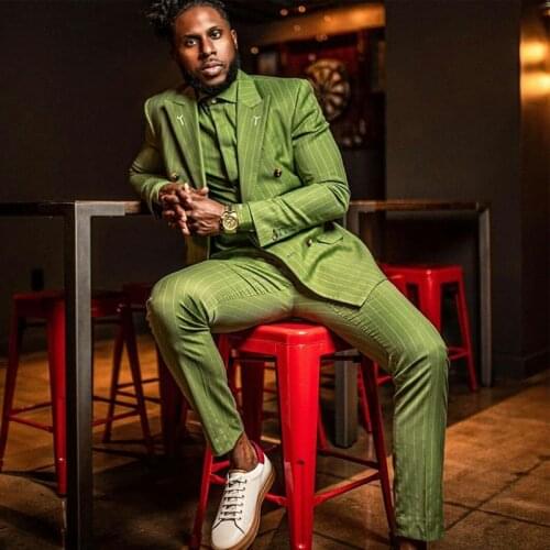 Olive Green Striped Mens Suits 2 Pieces Groom Best Man Pants Suit Business Wedding Blazer (Jacket+Pants)