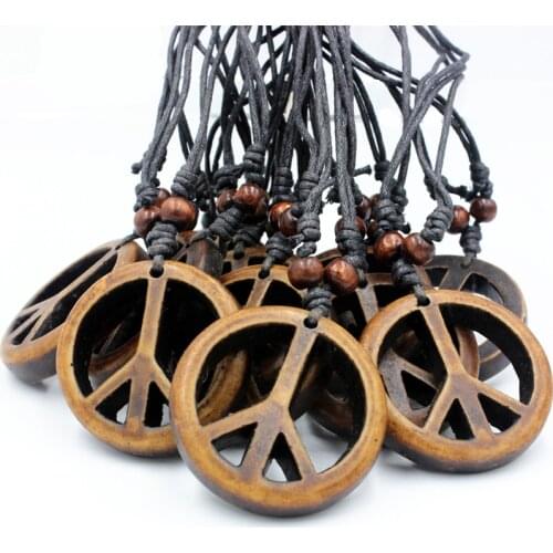 Wholesale lot 12pcs Tribal Style Imitation Yak Bone Carved Peace Sign Pendant Necklace Adjustable Wood Beads Rope MN111