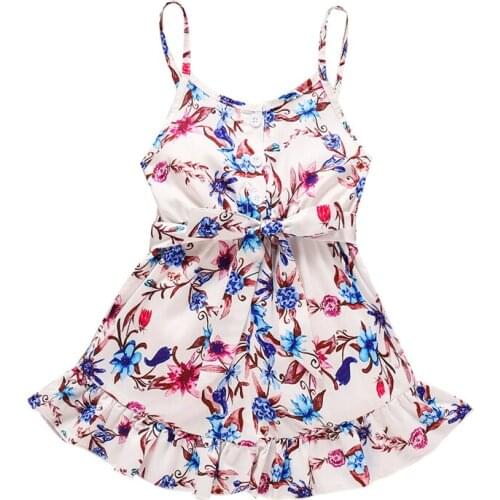 New Girl’s Summer Suspender Ruffles Dress Printing V-neck Bandage A-line Princess Dress Little Girls Casual Dresses
