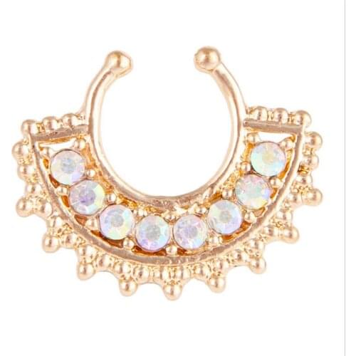Punk Stainless Steel Gold Nose Rings Studs Fake Septum Piercing Crystal Nose Open Hoop Fake Nose Rings&Studs Women Body Jewelry