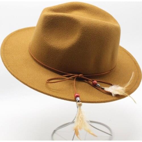 Seioum New Fashion Wool Unisex Womens wide-brim Fedora Hat For Laday Men Woolen Panama Cap With Feathe Headband Jazz Church Hat