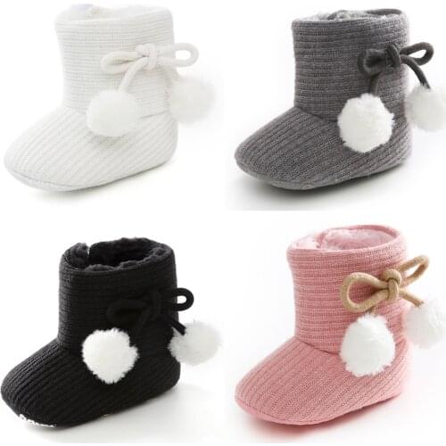 New 0-18M Baby Girl Boots Warm Shoes Fashion Girls Solid Fuzzy Balls Anti-slip First Walkers Winter Boys Toddler