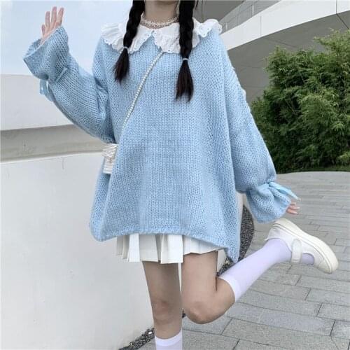 Japanese Autumn Winter Preppy Style Pullover Kawaii O-Neck Vintage Bandage Bow Full Sleeve Loose Knitting Sweater For Woman