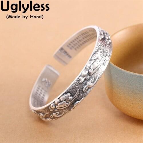 Uglyless GOOD LUCK Clouds Ethnic Bangles for Women Solid Ag999 Fine Silver Bangles 11MM Heart Sutra Buddhism Jewelry Thai Silver