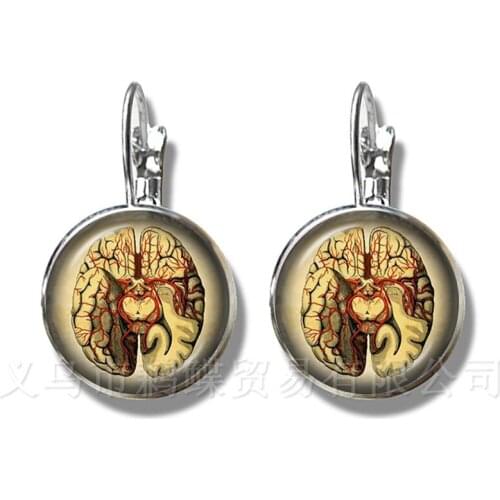 Steampunk Human Anatomy Organ Earrings Glass Cabochon Science Medical Punk Stud Earrings 16mm Glass Dome Brain Eye Jewelry