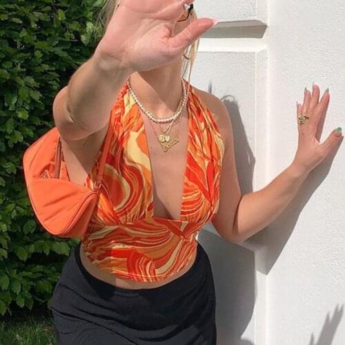 2000s Aesthetic E-girls Summer Clothing Orange Tank Tops Chic Y2k Irregular Printing Tied Strap V-neck Backless Sexy Vest Womens