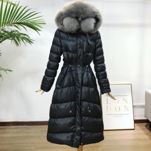 2019 Winter New Fashion Down Jacket Women Big Fur Collar Hooded White Duck Down Long Parkas Coat Female Slim Snow Outerwear M221