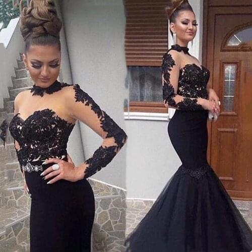 2020 Black Evening Dresses Tulle Mermaid Long Prom Party Dress Lace Appliques Long Sleeves Special Occasion Gowns