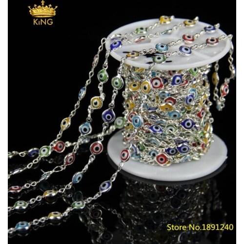 5Meter Evil Eye Glass Beaded Chains Jewelry,Rosary Chain Coin Shape Beads Plated Silver Wire Wrapped Connectors Chain Bulk KS020