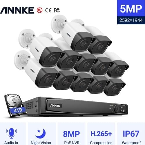 ANNKE 16CH 5MP H.265+ HD PoE Network Video Security System 12pcs 2.8MM IP67 Outdoor POE IP Cameras Plug & Play PoE Camera Kit