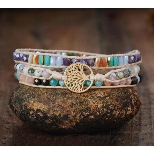 3Strands Natural Stone Wrap Bracelet for Girls Multipe Faceted Crystal Beads Tree of Life Charms Boho Bracelets Jewelry Gift