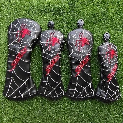 Black Leather with Spider Embroidery Golf Club Driver/Fairway Wood/Hybrid Head Cover