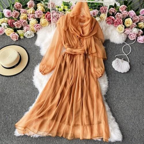 Desert Vacation Photo Long Skirt Female Ethnic Style Retro Temperament Long-sleeved V-neck Big Swing Thin Dress Female GX1461