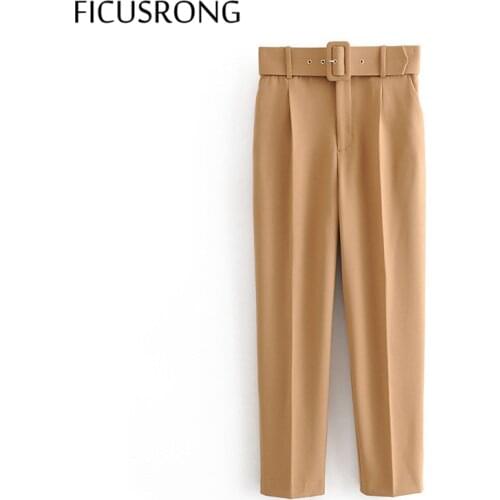 Office Lady Black Suit Pants With Belt Women High Waist Solid Long Trousers Fashion Pockets Pantalones FICUSRONG Pencil