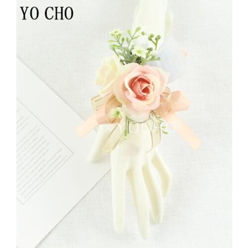 European Rose Wrist Corsage Bracelet Bridesmaid Silk Ribbon Ceremony Flower Boutonniere Pins Groom Groomsmen Brooch Champagne