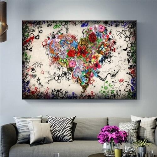 Colorful Flower Love Heart Shaped Oil Painting on The Wall Beauty Posters and Prints Abstract Picture for Bedroom Home Decor