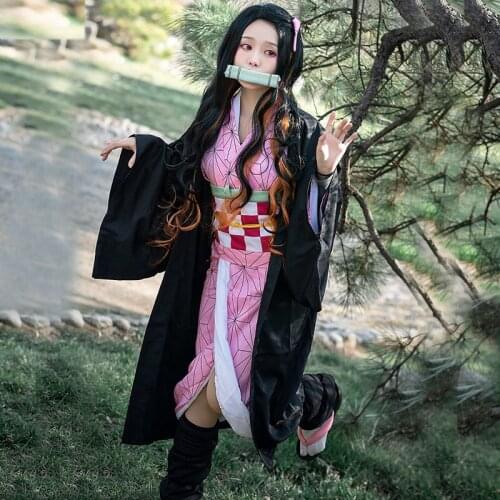 Anime Demon Slayer Cosplay Costumes Kimetsu No Yaiba Kamado Nezuko Full Cosplay Wig Tooth Mouth Stick Man/Woman Cosplay Props