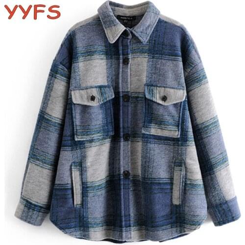 Oversize Vintage Plaid Wool Jacket Women Autumn Casual Pockets Long Sleeve Shirt Coat Female Loose Outwear Wool Blend Tops