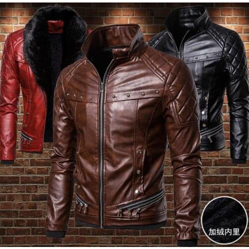 Motorcycle mens leather jackets and coats Punk Heavy metal Rock rivet Detachable fur collar Plus thick velvet B463