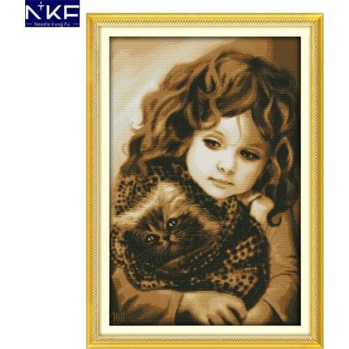 NKF Girl and Cat Cross Stitch Pattern Needlework Religion Cross Stitch Kit Embroidery Cross Craft Cross Stitch for Home Decor