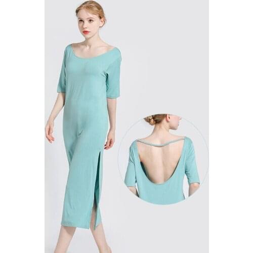 New Women Nightgowns Solid Color Loose Elastic Long Nightdress Ladies Open Back Sleepdress Sexy Lingerie Sleepwear Sleepshirts