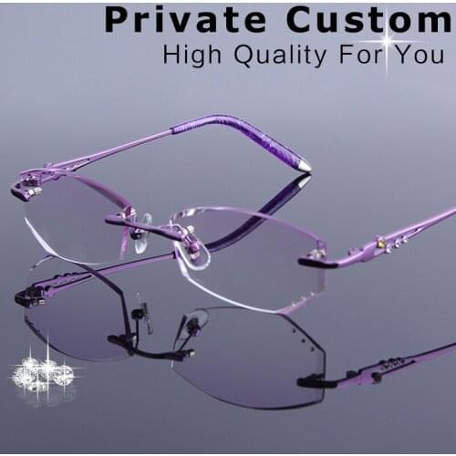 Rhinestone Spectacles Women Rimless Myopia Prescription Glasses Female Eyewear Presbyopia Elegant Purple Reading Glasses