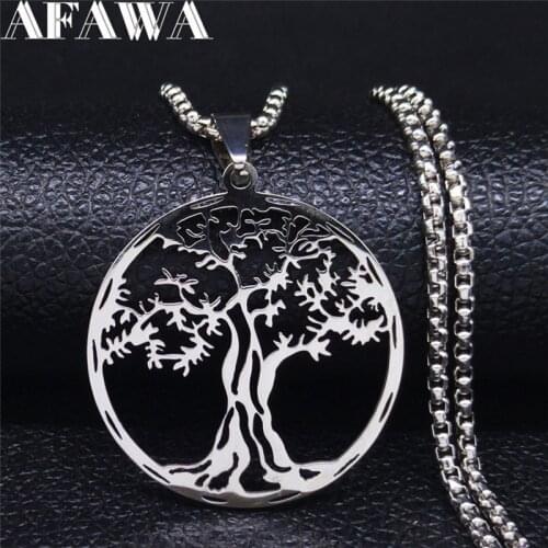 2021 Tree of Life Stainless Steel Chain Necklace for Women Silver Color Statement Necklace Jewelry colgante mujer N1246S02