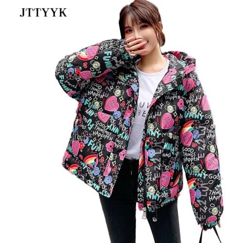 Oversize Clothes Winter Down Jacket Women Print Padded Coat Female Fashion Style zipper Short Outerwear Hooded Parka Mujer 2021