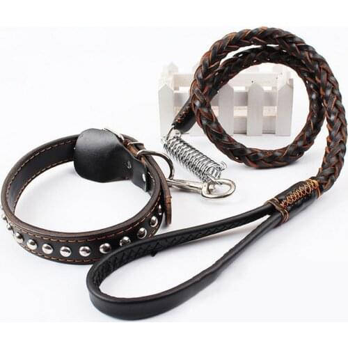 Adjustable Large Dog Collar with Anti Pulling Training Leash for Labrador French Bulldog Leather Braided Pet Dog Leash Collar