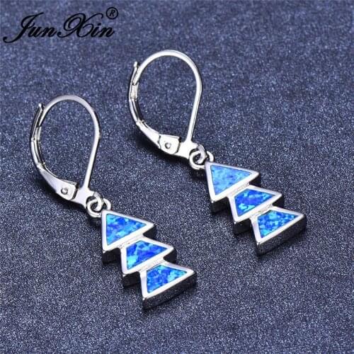 JUNXIN Stacking Triangle Drop Earrings For Women Silver Color Blue White Fire Opal Earrings Female Wedding Jewelry