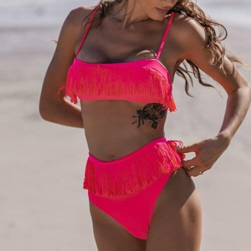 Misswim Sexy tassel bikini set 2020 Neon pink swimsuit female High waist bikinis Bandeau swimwear women Bathing suit Bathers new