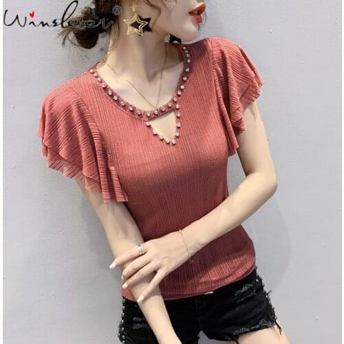 Summer European Clothes T-Shirt Fashion Hollow Out Shiny Beading Women Tops Short Sleeve Sexy Ruffles Slim Tees New 2021 T13604A