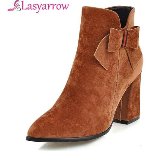 Lasyarrow Women Brand Shoe Butterfly-knot High Heel Pointed Toe Ankle Boots Zipper Suede Botas Thick Heels Retro Girls Boots
