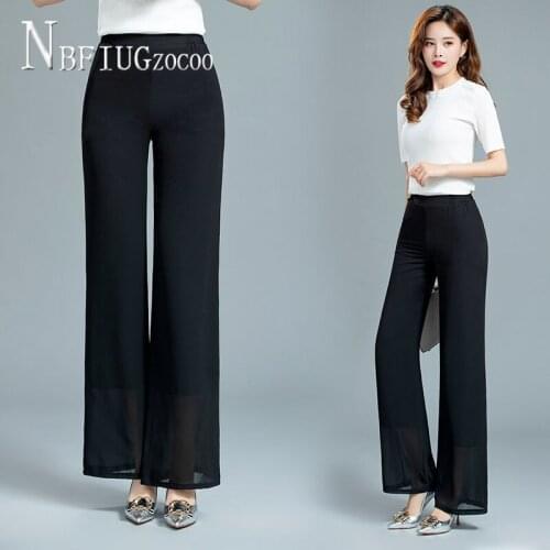 2020 Spring Summer Chiffon Wide Leg Women Pants Fashion High Waist Slit Female Trousers