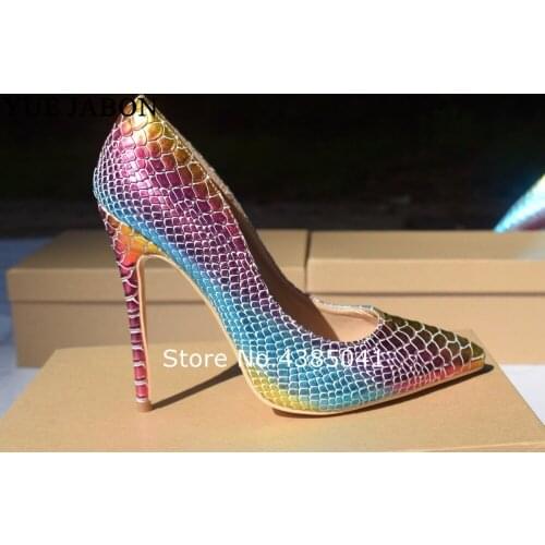 YUE JABON 12cm/10cm/8cm New Color Change Snake Printing women shoes high heel shoes Sexy Pumps Party wedding shoes size 43