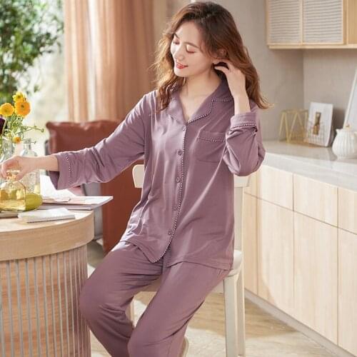 Women Modal Cardigan Nightwear Suit Spring Summer Long Sleeve Pajamas Casual Homewear Plus Size 3XL Purple Pijamas Mujer
