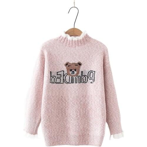 Bear Emroidery Kawaii Knit Pullover Women Sweater 2021 Winter Full Sleeve Mock Neck Korean Female Harajuku Soft Tops