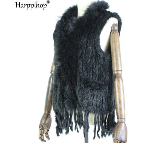 Womens natural real rabbit fur vest with raccoon fur collar waistcoat/jackets with pocket rex rabbit knitted winter