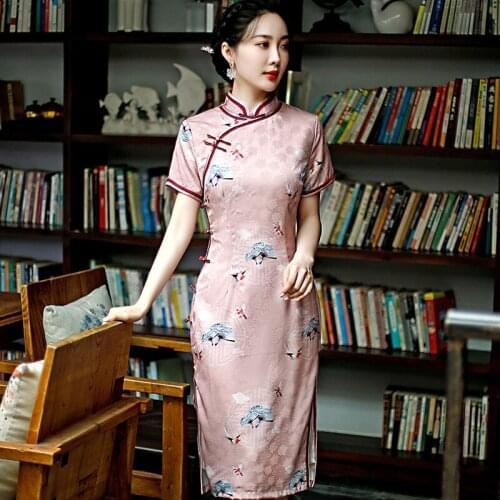 Sexy Chinese Satin Print Flower Women Qipao Large Size 3xl 4xl Cheongsam Wedding Party Dress Gown Mid Length Elegant Vestidos