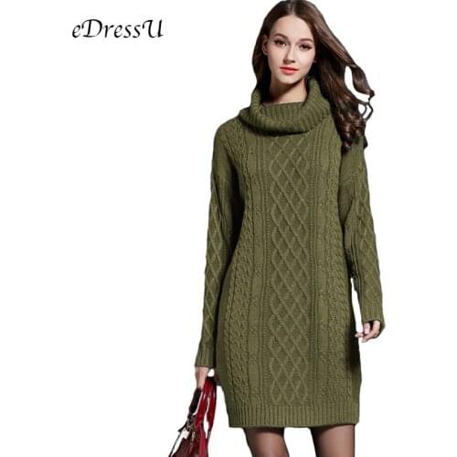 2019 Turtleneck Sweater Women Long Pullovers Autumn Winter Knitted Dress Sweater Elegant Military Green Outwear Jacket YH-1