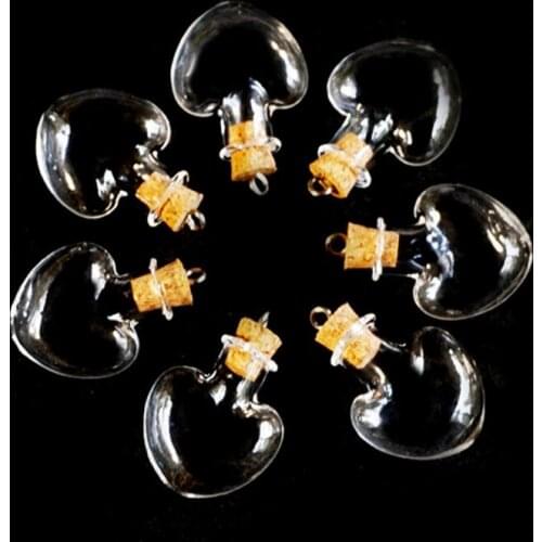 500pcs Heart Charm glass Bottle with tiny cork stopper eye hook Perfume essential oil vial pendant