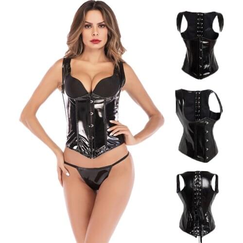 Black Gothic Punk style Corset Push Up Breast Tops Boned Underbust Waist Trainer Corsets Bustiers PVC Vest Slim