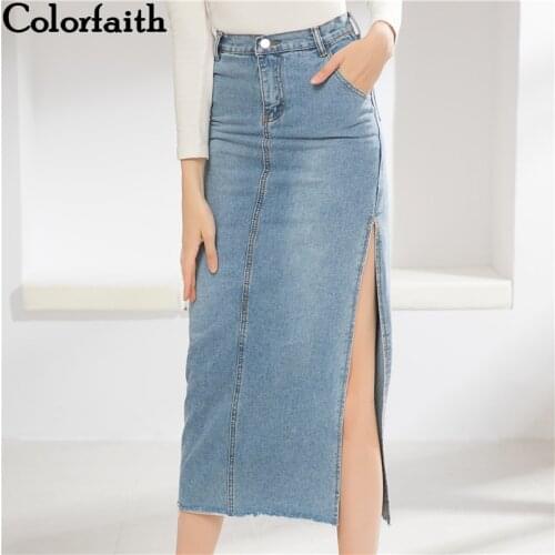 Colorfaith 2019 New Women Skirt Autumn Winter Denim Sexy Slit Pockets Package Hip Pencil High Street Mid-Calf Long Skirt SK3942