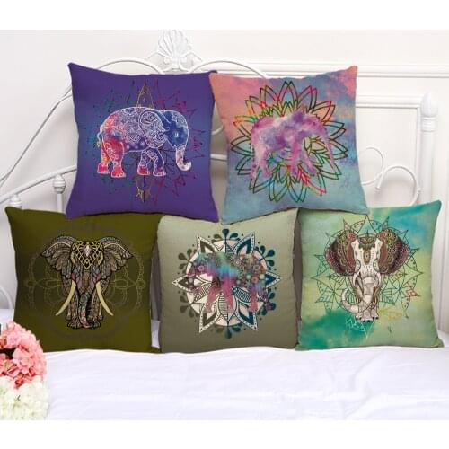 Decorative Pillow Cushion Case India Elephant Painting Pillowcase 17.5 Inch Cotton Linen Chair Seat Throw Pillow Cover A1156