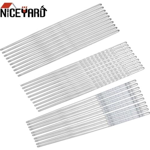 5 Pairs Non-Slip Chopsticks Blue and White Pattern Durable Tableware Stainless Steel Hollow Anti-Scald Chinese Metal Chopsticks