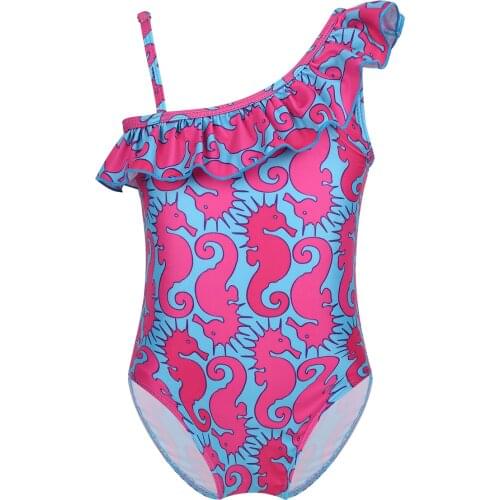 Kids Girls One-piece Overalls Summer Childrens Clothing Adjustable Ruffled One-Shoulder Printed Swimsuit Swimwear Bathing Suit
