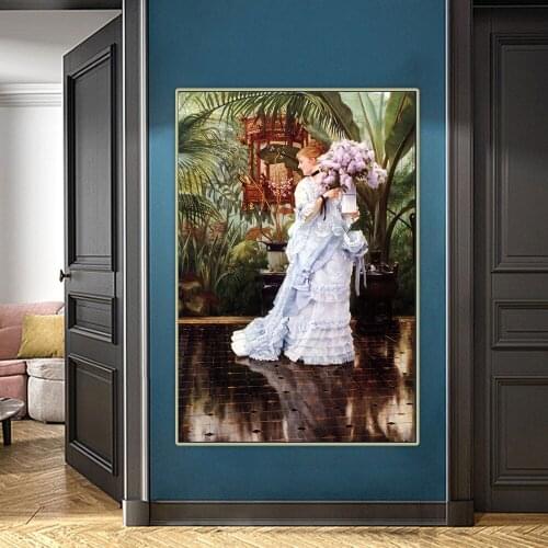 Holover Canvas Oil Painting James Tissot"The Bunch of Lilacs, 1875"Realism Fashion Lady Aesthetic Wall Art Home Decoration