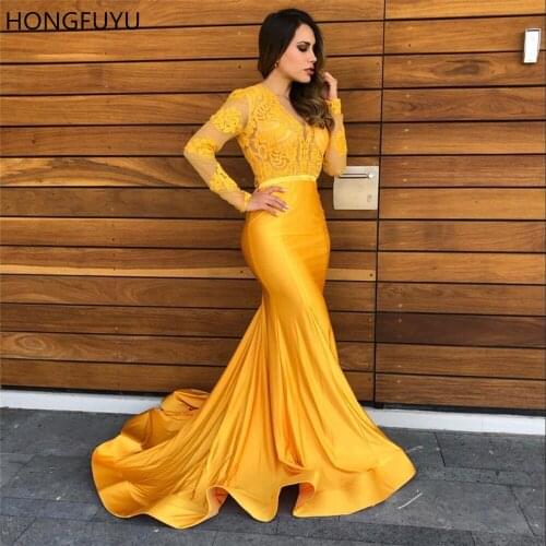 HONGFUYU 2021 Gold Prom Party Dresses Mermaid Vintage Sheer Lace V-neck Evening Gowns Formal Red Carpet Dress with Long Sleeves